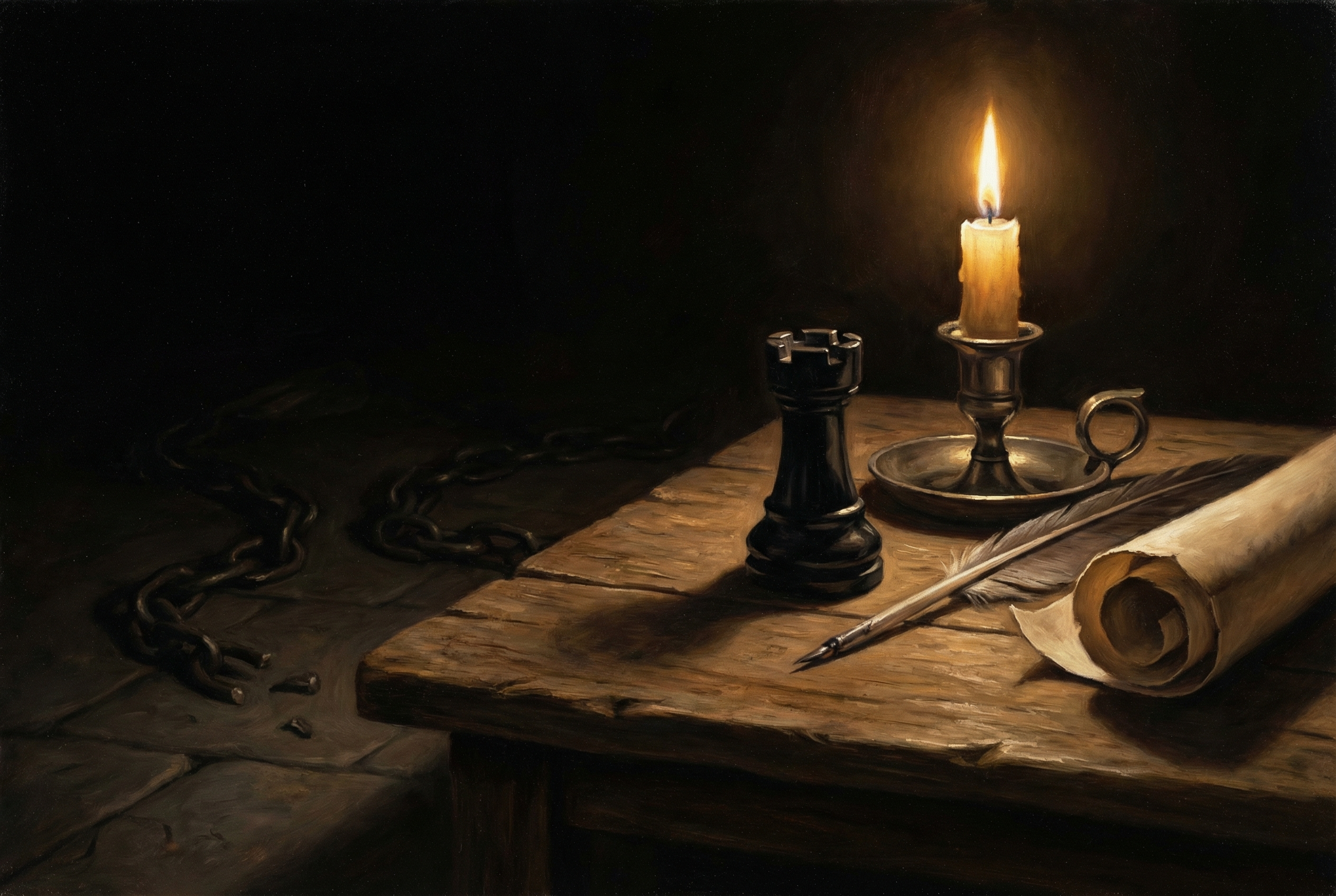 A chess rook piece on an ancient desk, illuminated by candlelight, with broken chains in the shadows