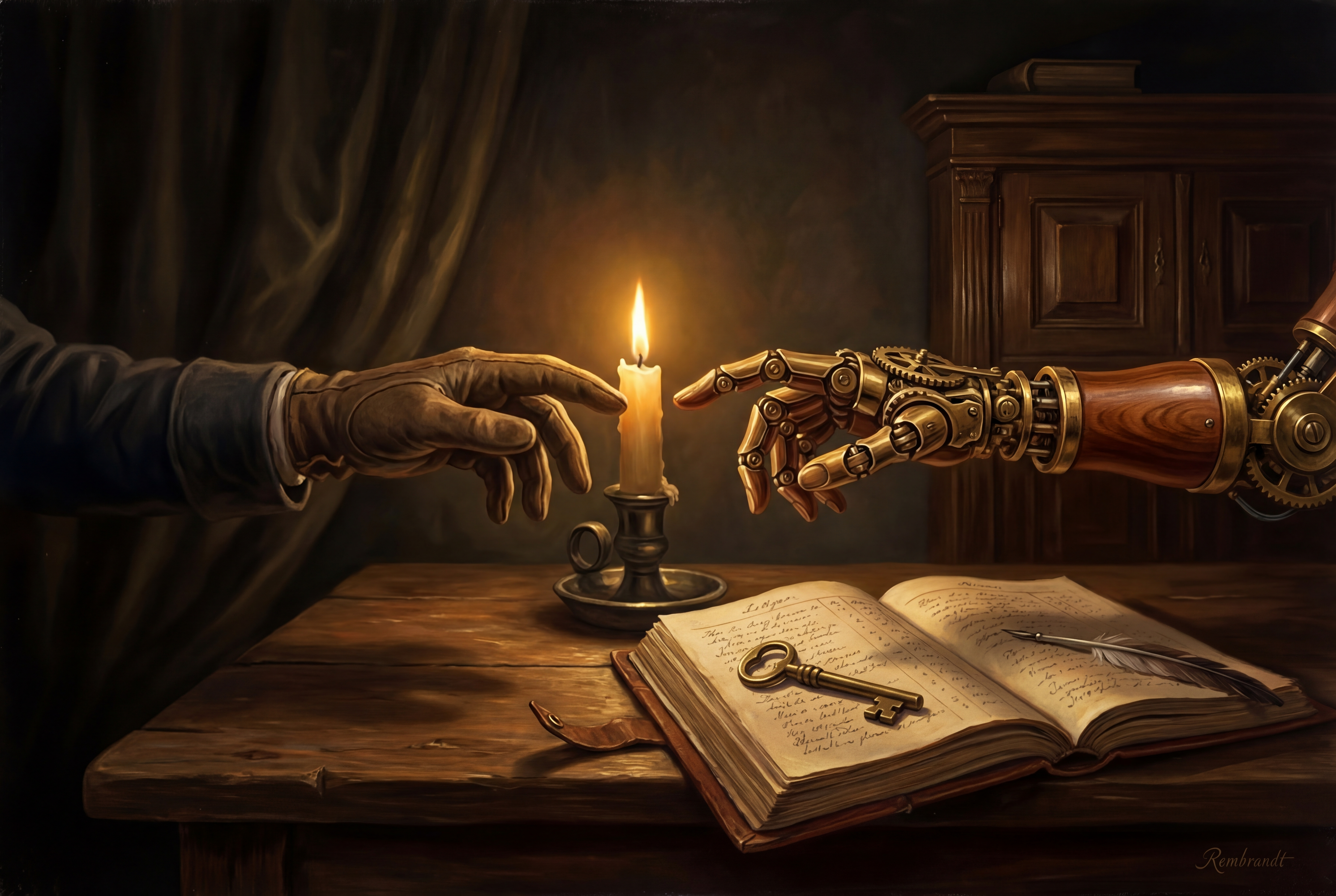 A human hand and a mechanical hand reaching toward each other across a candlelit table, like a Renaissance painting