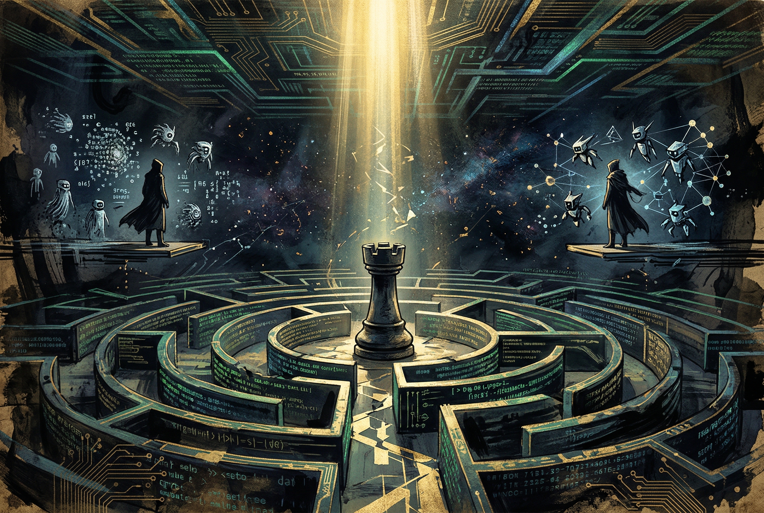 A rook chess piece in a labyrinth of code, with a beam of golden light descending from above
